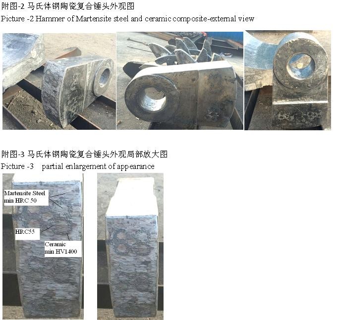 Martensite steel matrix ceramic composite casting Hammer